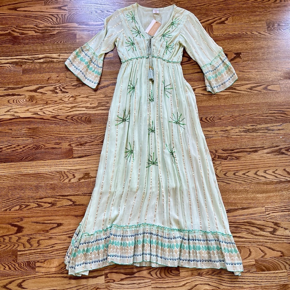 NWT Ananta Maxi Dress Green w/ Sequin Accents, Made In India, Boho, Sz S/M